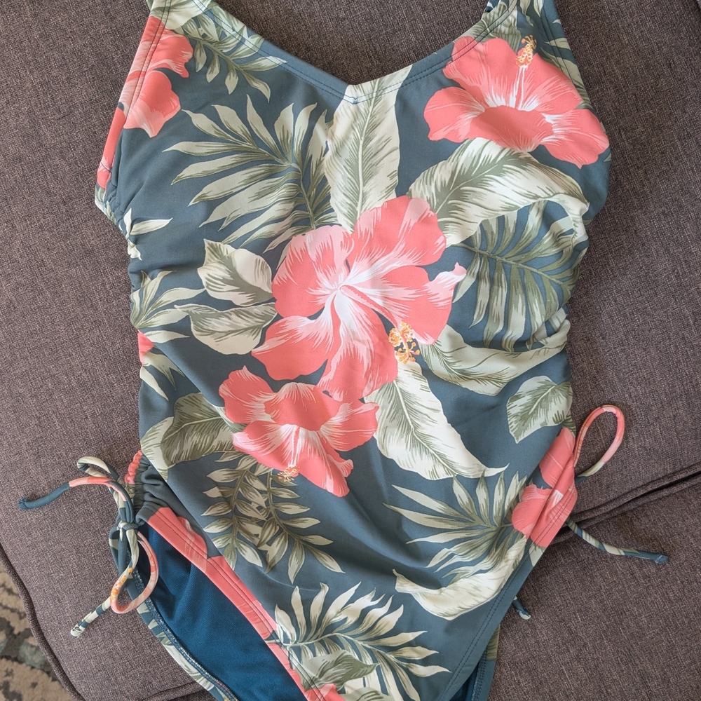 Shade & Shore Teal One-Piece Swimsuit with Coral Floral Print